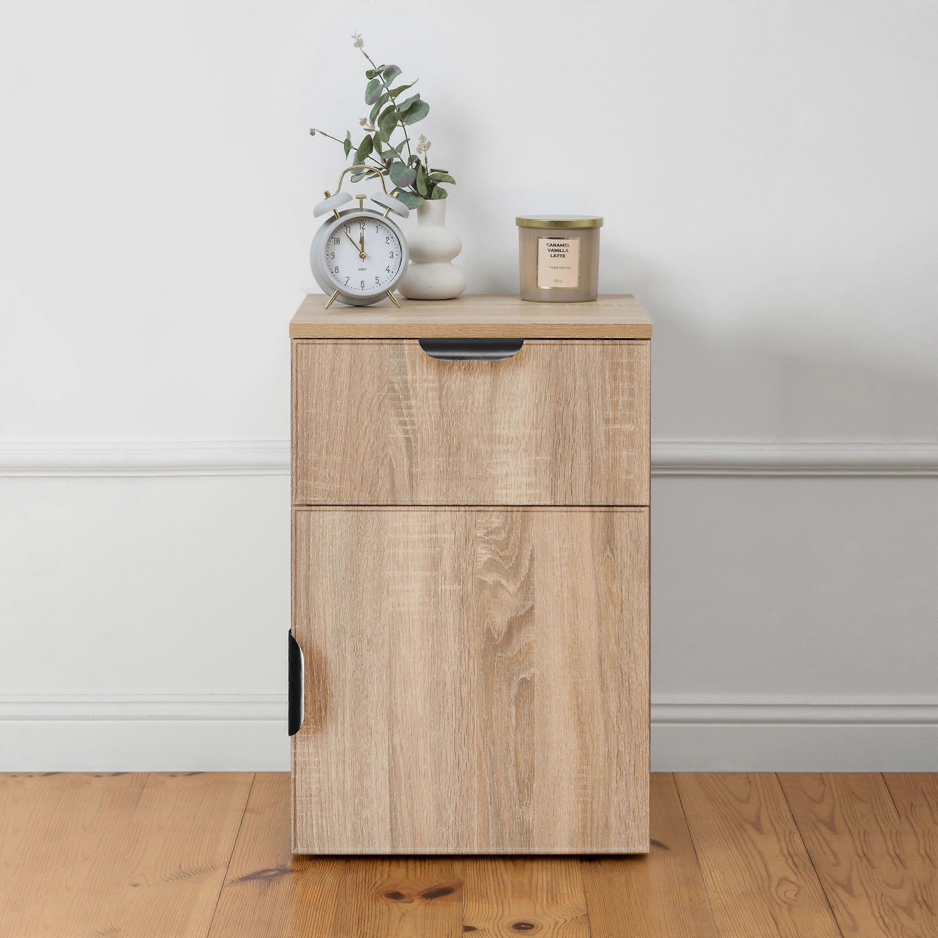 Porto Bedside Table Natural Oak Slim Pull Black Bedside Tables