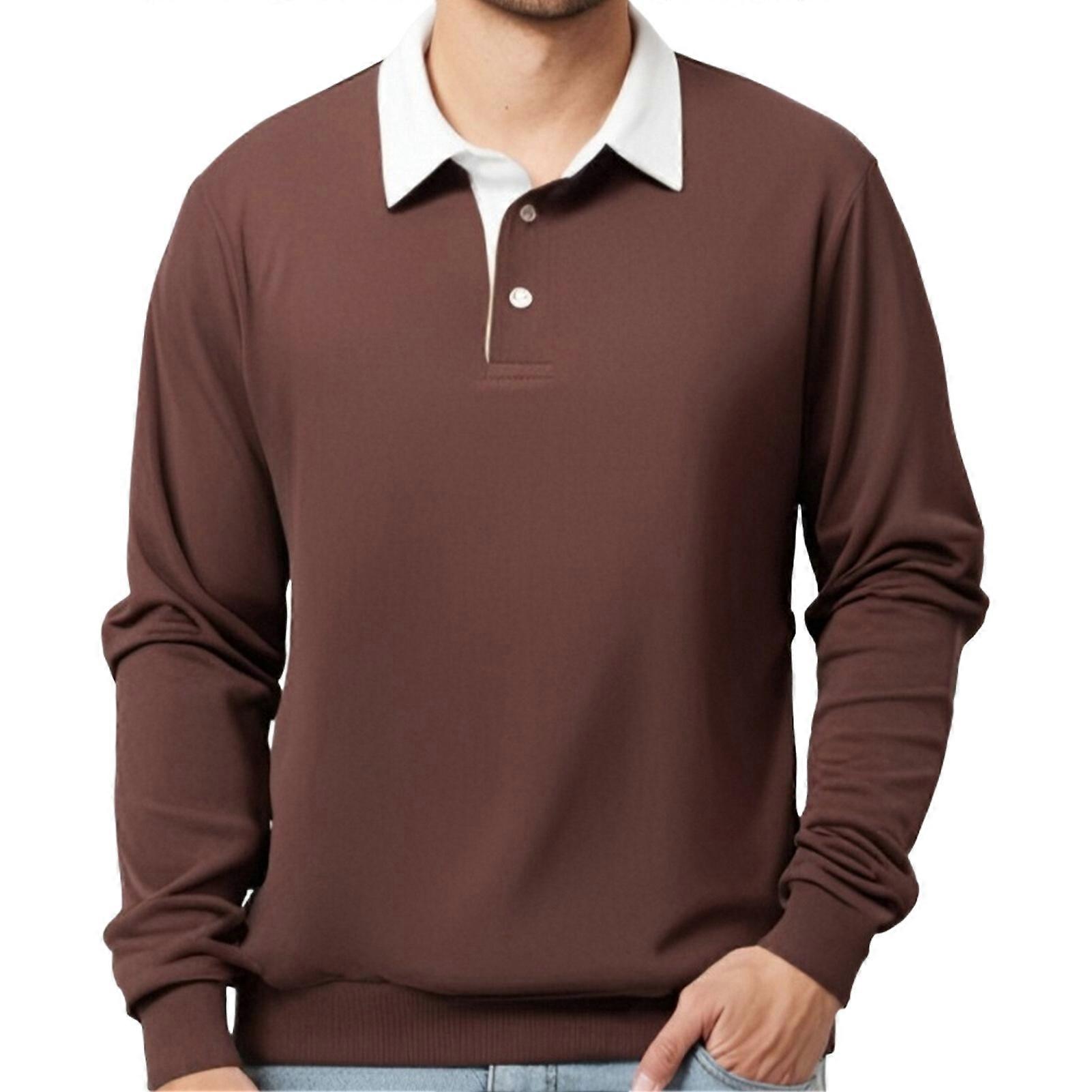 Men Spring Fall Top Turn-down Collar Loose Pure Color Long Sleeves Buttoned Pullover Casual Daily
