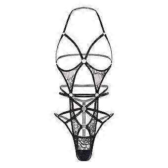 Durchsichtiger Damen-Body mit Cut-outs, offener Brustpartie, offenem Schritt und floraler Spitze, dazu ein String-Tanga mit Trägern am Rücken.