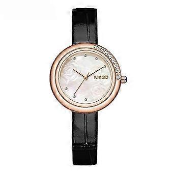 MOKAGO Elegant dameshorloge in roségoud met diamanten - Wijzerplaat van parelmoer met zwarte leren band, stijlvol quartz polshorloge voor dames