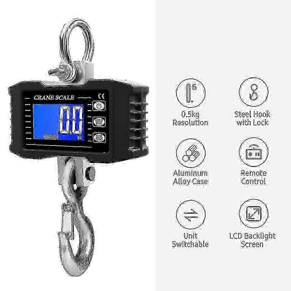 Digital Crane Scale with Remote Control Portable 1000kg Hanging Hook Scale LCD Backlight Data Hold