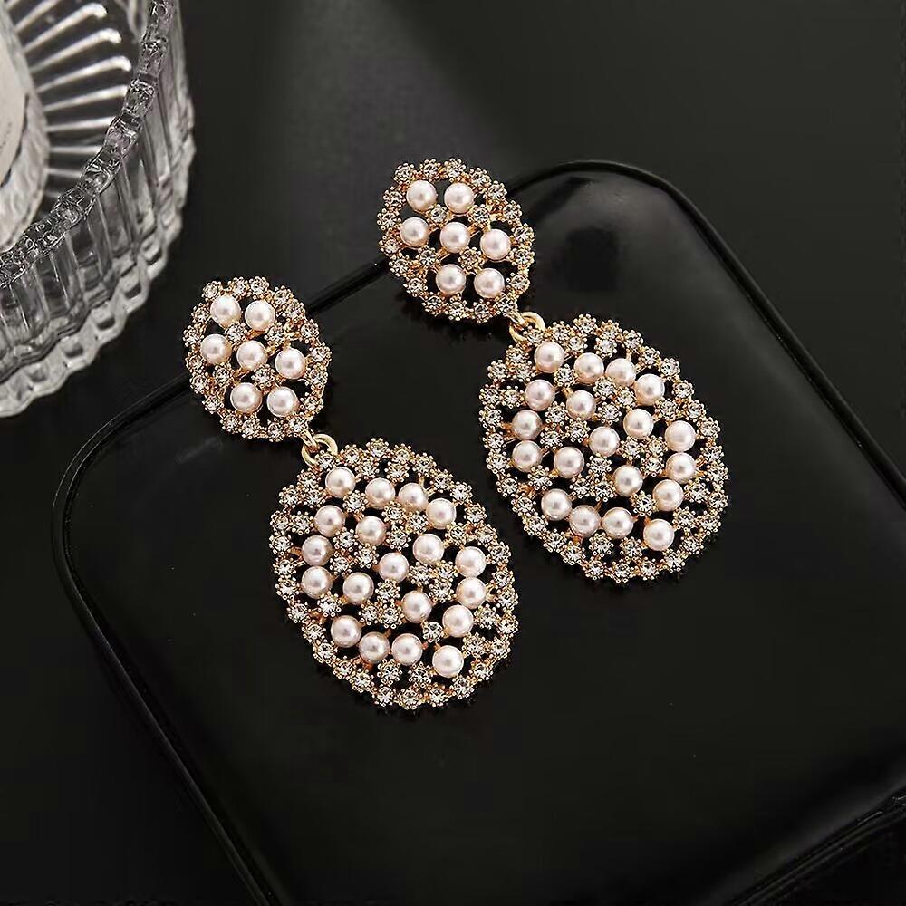 Double Oval Pearl Flower Statement Drop Earrings Bold Style