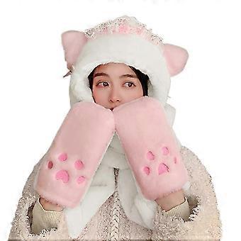 Conjunto de gorro, bufanda y guantes de invierno para mujer, gorro de felpa con orejas de oso 3 en 1, accesorios de invierno casuales y bonitos, color blanco.