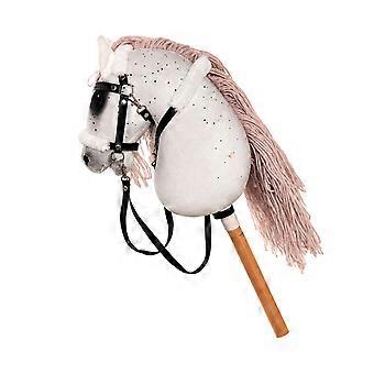 Handheld Horse Character Prop with a White Speckled Head, Pink Yarn Fringe, Black Bridle and Reins for Role-Play, Themed Displays and Stage Use