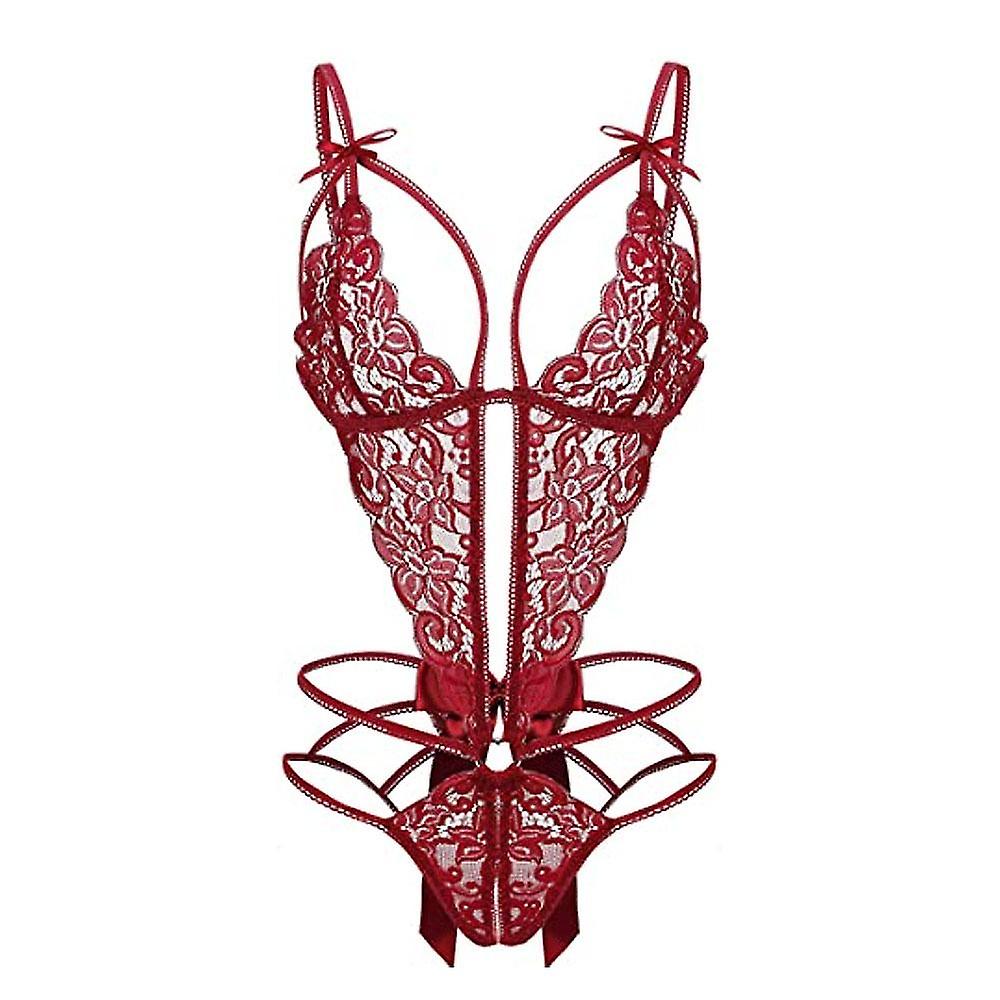Women's Deep V Lace Teddy One Piece Lingerie Cutout Strappy Lingerie(Dark Red, L)