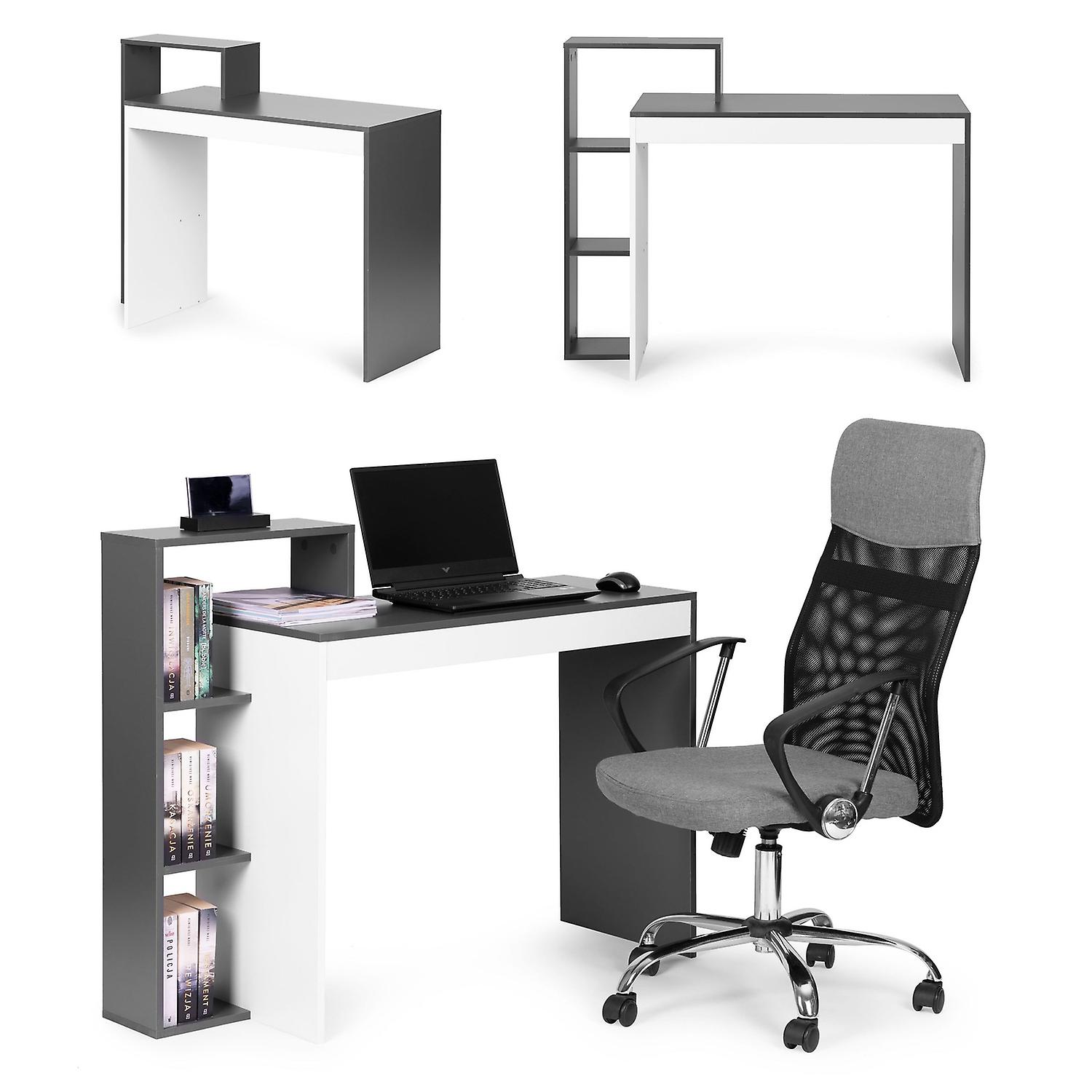 White and Grey Office Desk Desk, Table + Bookshelf with 4 Shelves