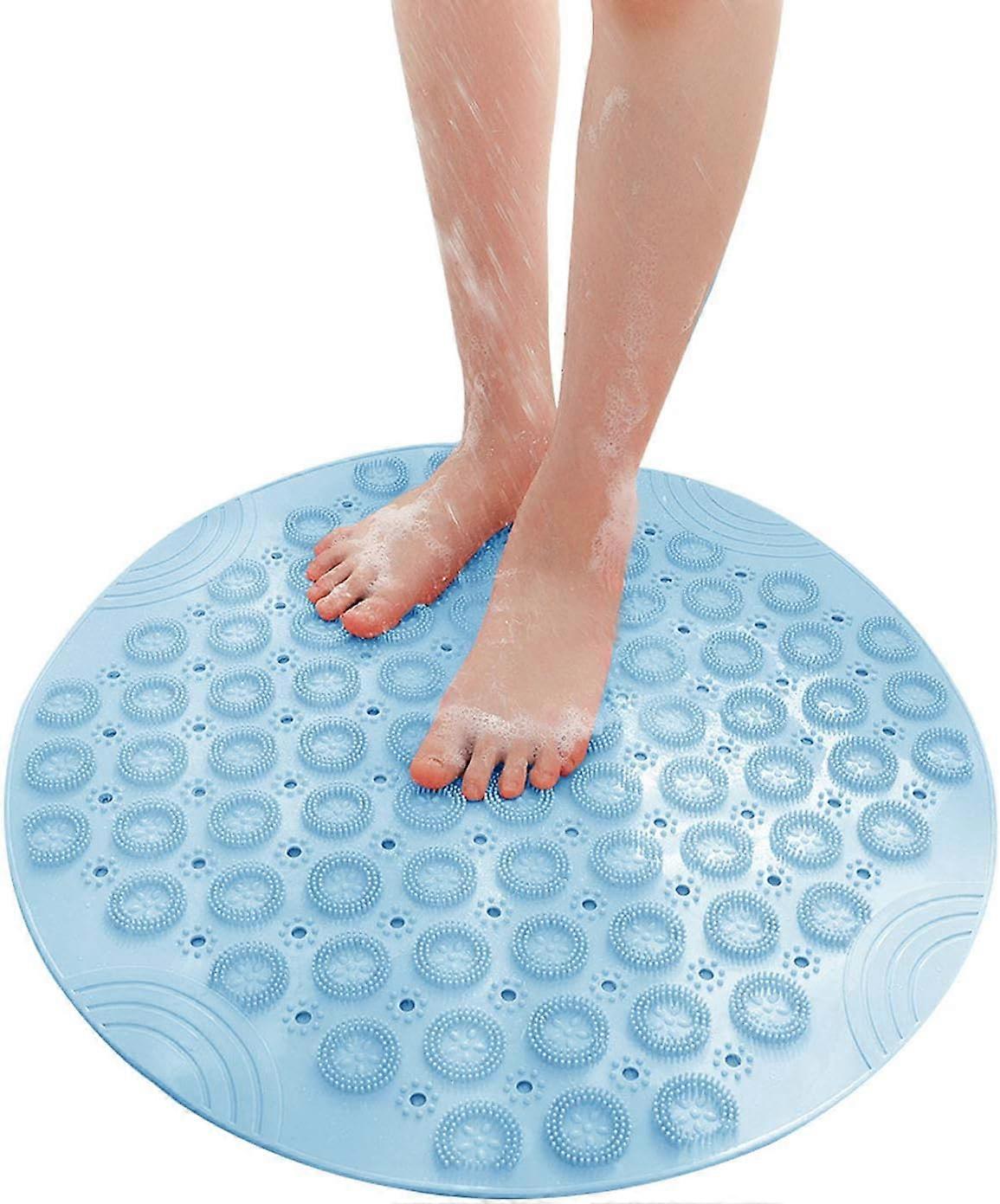 Shower Mat, Round Non-Slip Bath Mat with Suction Cup, Massage Function, Machine Washable (Blue)