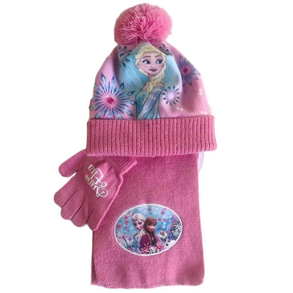 Girls Kids Elsa Print Warm Pom Knitted Beanie Hat F Gs 3pcs/set