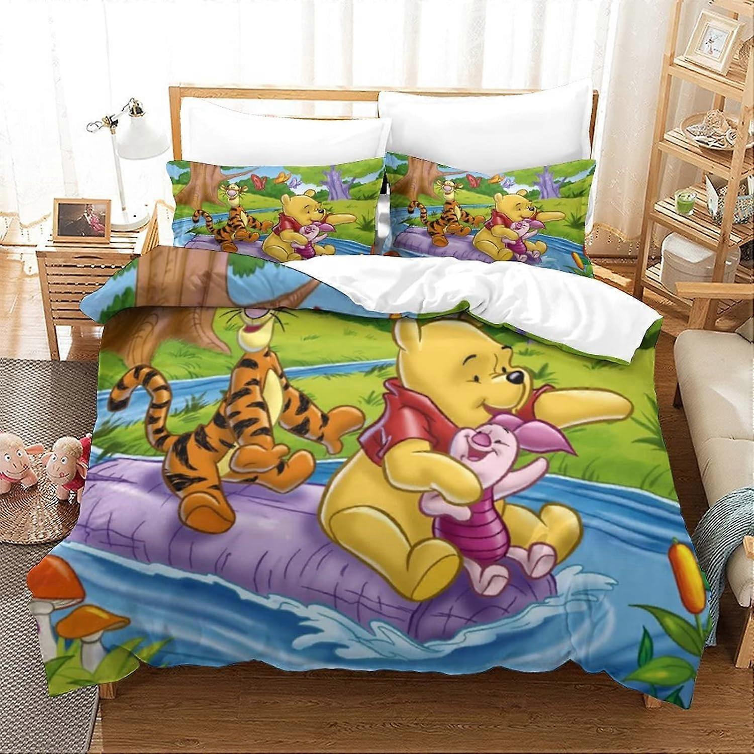 Winnie The Pooh Duvet Cover with Pillowcases Animated Characters Print Bedding with Zipper Closure Soft Microfiber Duvet Cover Single
