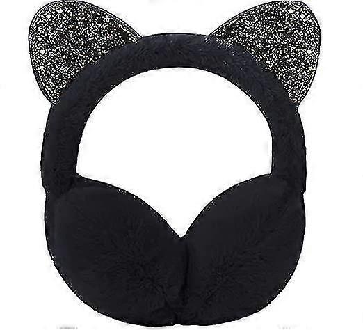 Boys Girls Fur Earmuffs Cute Cat Ear Design Winter Fluffy Thermal Ear Warmers Handband Cold Weather Earplugs(black)