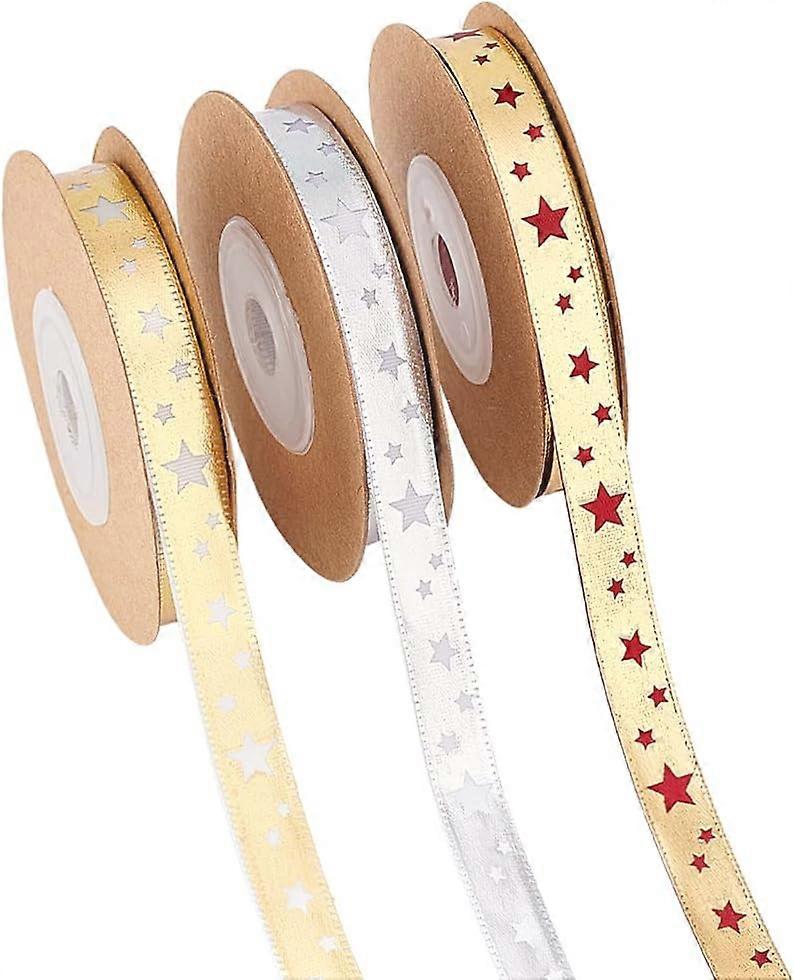 3 Rolls About 32.82 Yards Star Theme Polyester Ribbons 0.39" Width Hot Stamping Star Pattern Lace Ribbons Single Sided Gifts Wrapping Ribbons for Chri