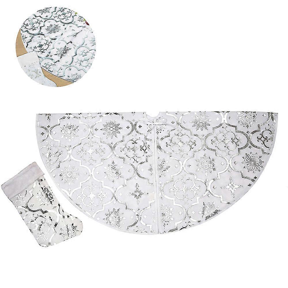 Snowflake Christmas Tree Skirt -120cm Large Xmas Tree Skirts With Merry Christmas Stocking For Happy New Year Party Holiday Decorations Ornaments