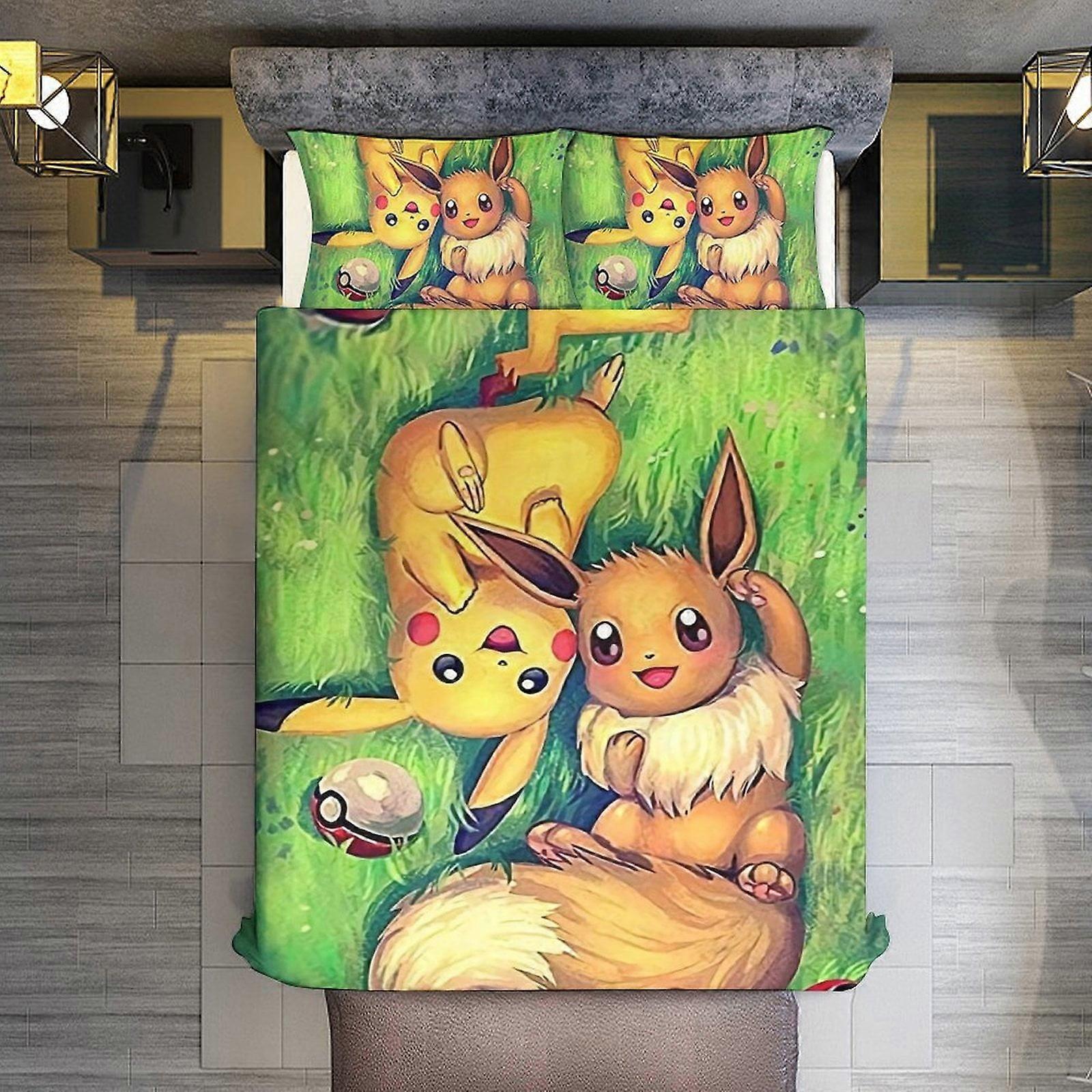 KA486 Pikachu 3-delade set mikrofibertäcken med Shams Mjuk lättvikt överkasttäcke täcke för alla årstidslakan RM486