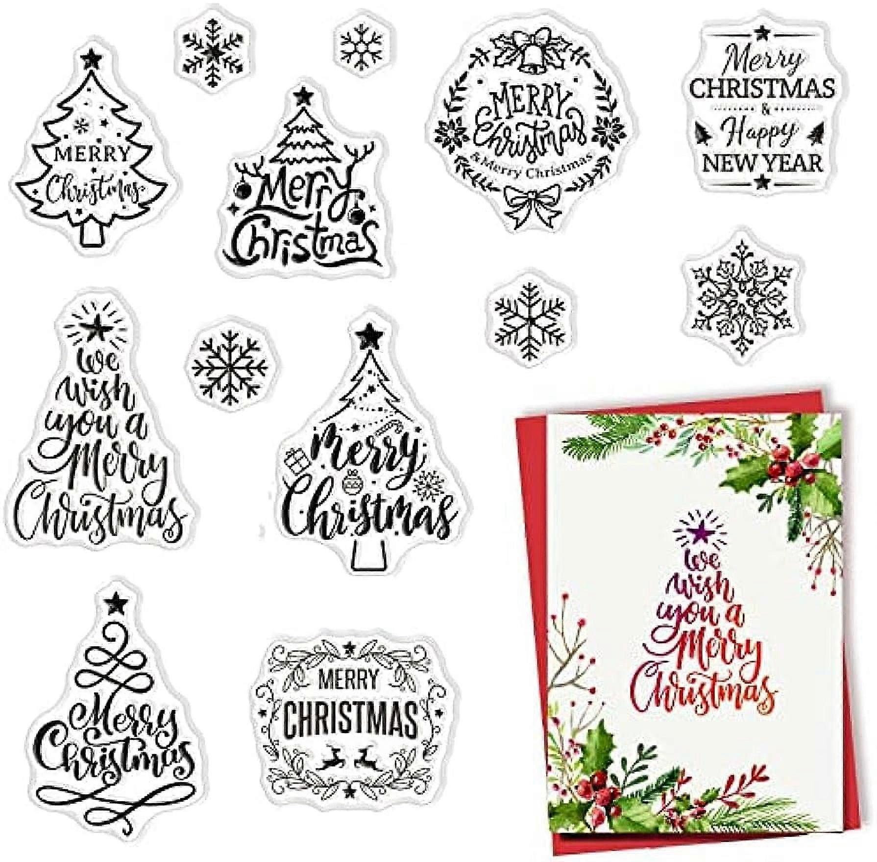 13PCS Merry Christmas Tree Clear Stamps Transparent Rubber Stamps Seal Snowflake Xmas Blessing Words for Card Making Decoration DIY Scrapbooking Embos