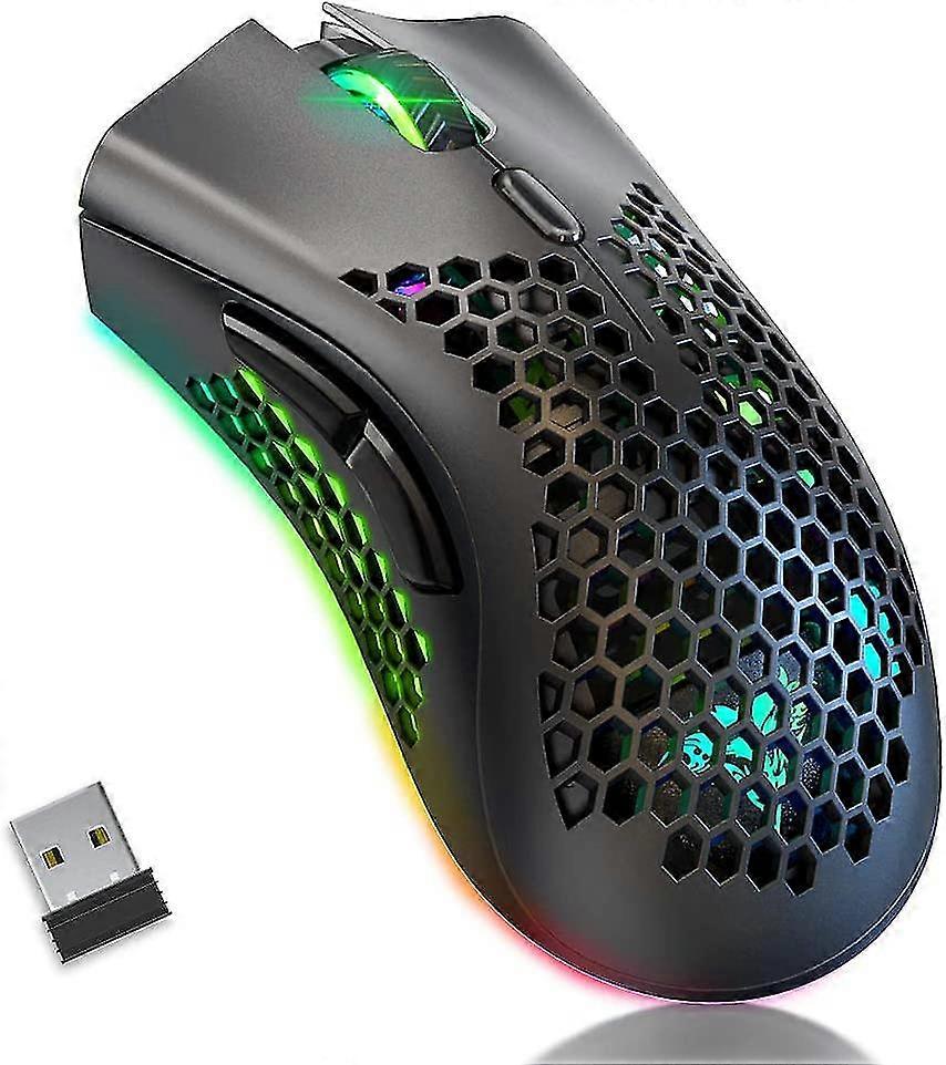 Km-1 Wireless Gaming Maus, Computermaus mit Wabenschale, 6 programmierte Tasten, 3 einstellbare DPI, USB-Empfänger, ergonomisches RGB optisches Gamer-Mikrofon