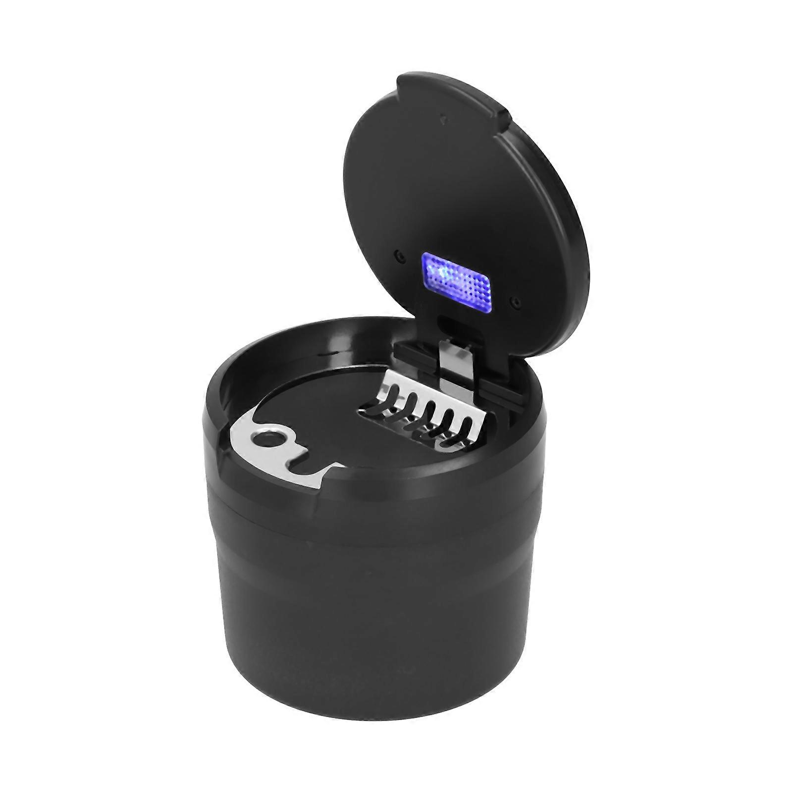 Cendrier de voiture en acier inoxydable, sans fumée, lumière LED bleue, avec batterie intégrée, universel (noir)