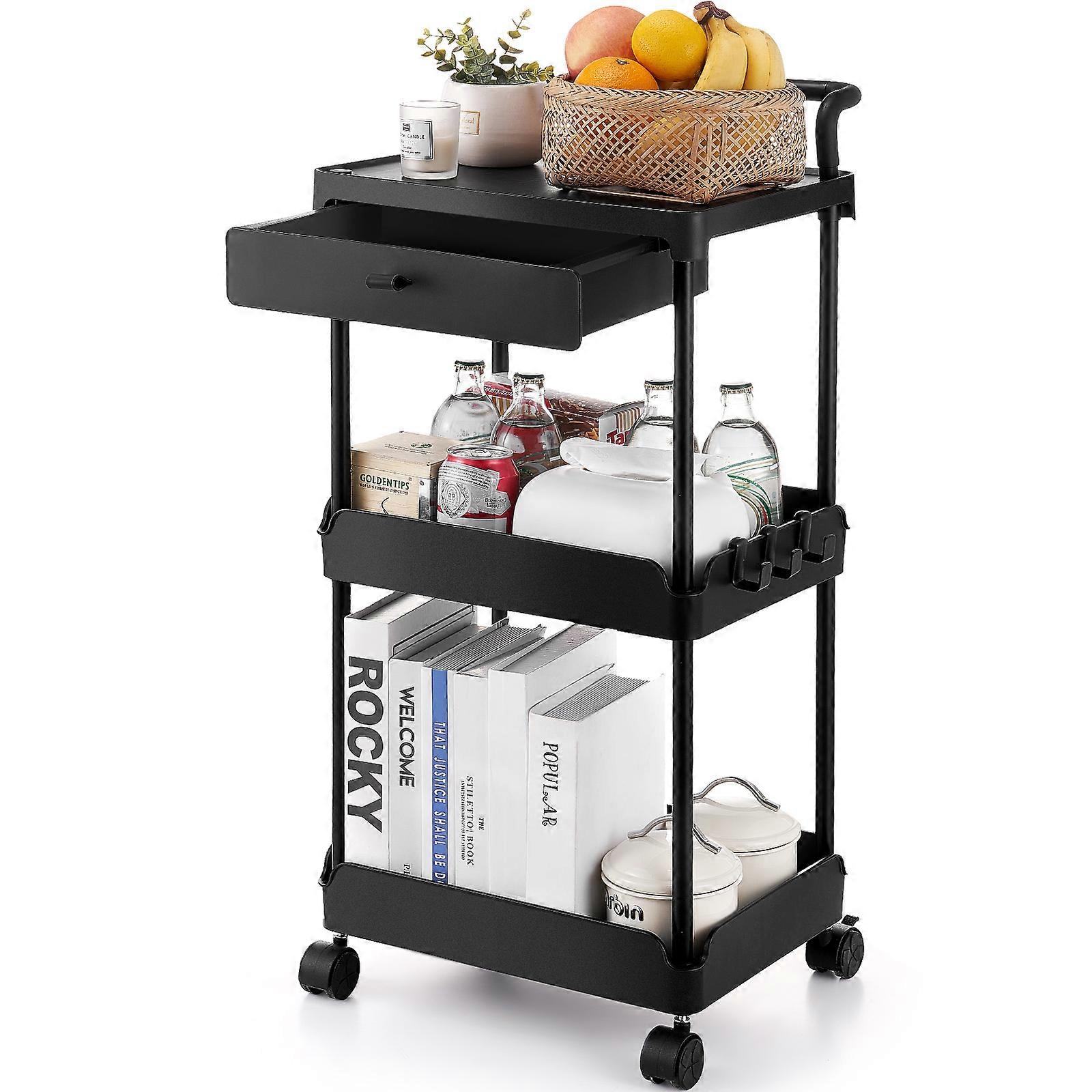 Chariot utilitaire roulant à 3 niveaux avec tiroir, avec roues verrouillables, chariot de rangement multifonctionnel avec poignée pour bureau, salon, noir