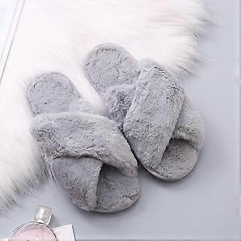 Cross Band Cozy Plüsch Haus Hausschuhe Flauschig Pelzig Offene Zehe Haus Schuhe Indoor Outdoor Slide Slippergrey