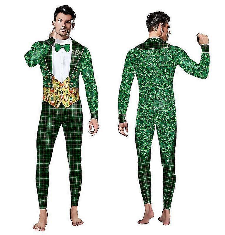 Men St. Patrick S Day Bodycon Jumpsuits Turtle Neck Clover Romper A1 - MXBC