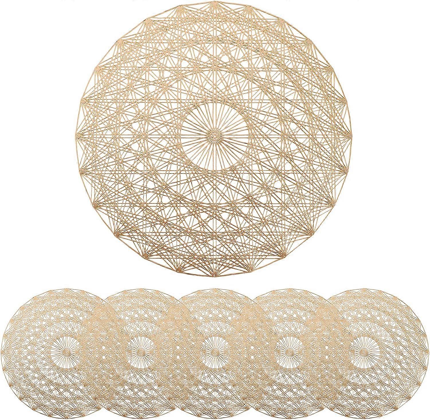 6 Pack Round PVC Placemats,with Mandala Pattern - Gold