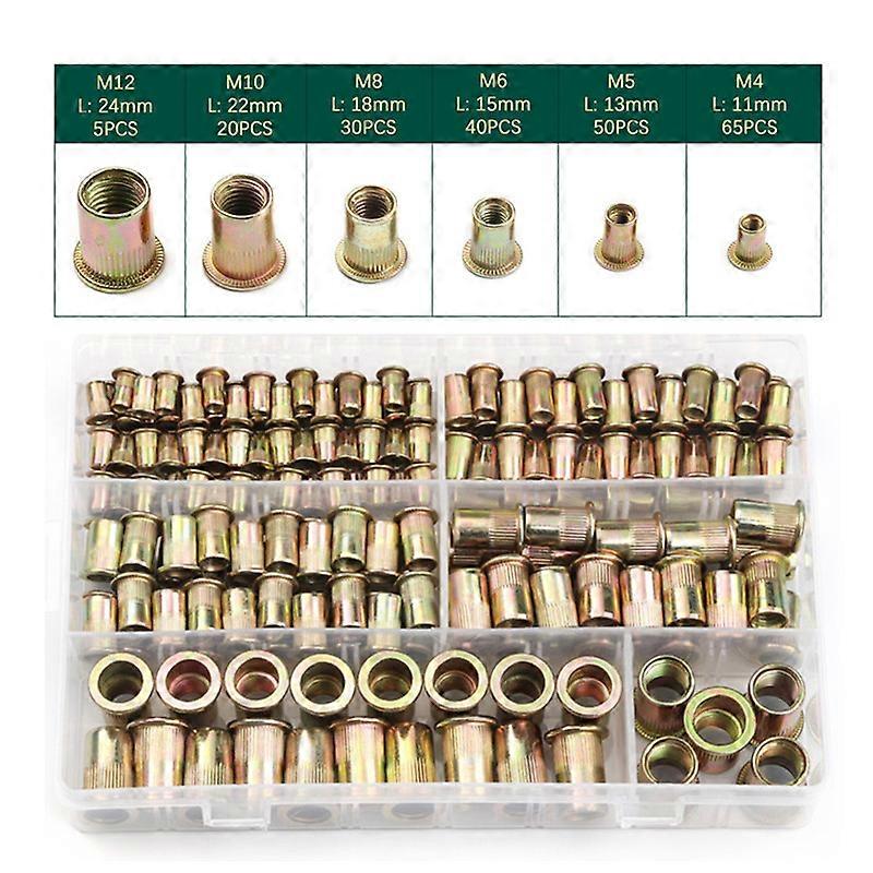 210pcs Rivet Nuts M4/M5/M6/M8/M10/12 Zinc Plated Carbon Steel Flat Head Threaded Insert Nut Rivet Cap Set Threaded Nuts