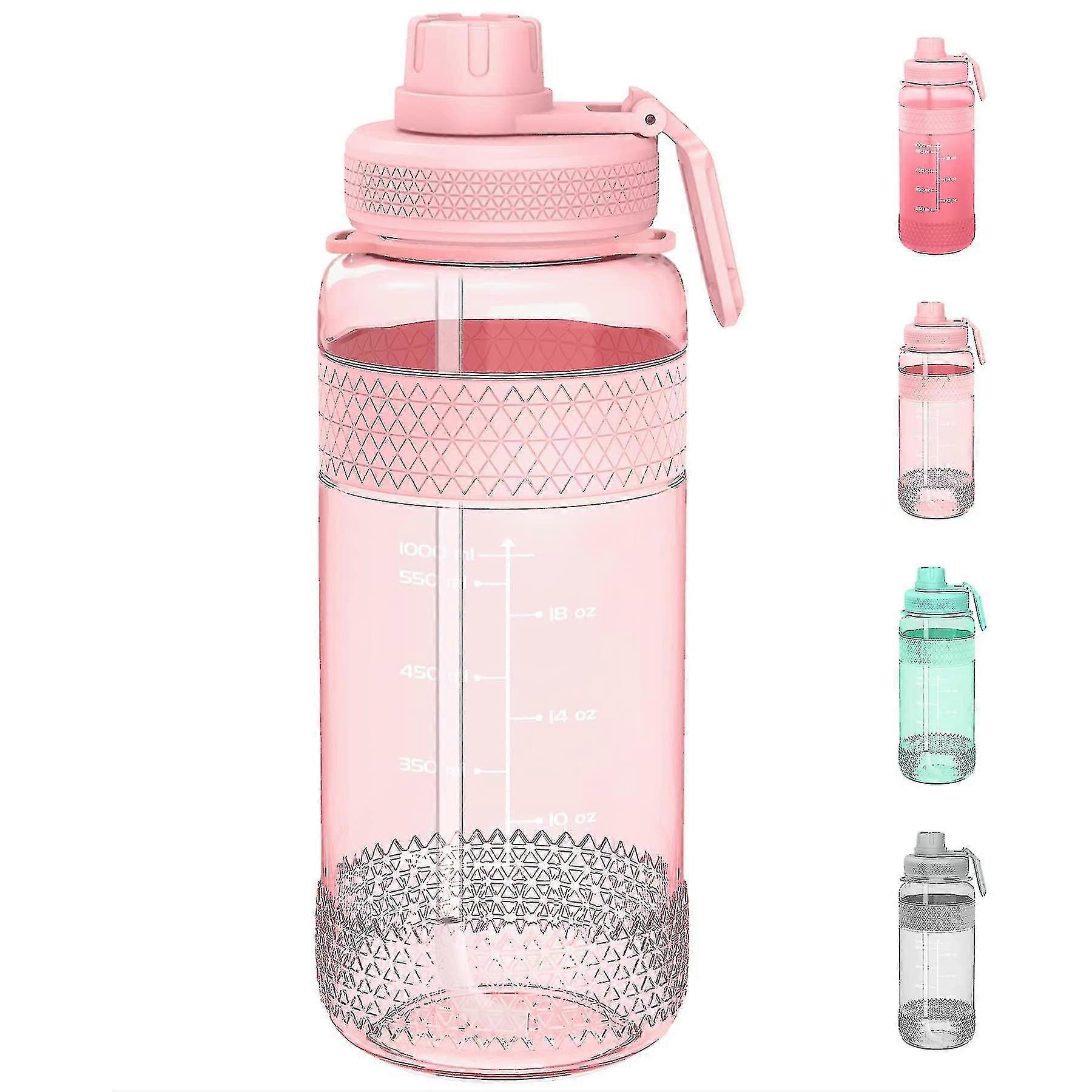 Sports Water Bottle With Straw, 1l/2l Water Bottles With Marker & Leakproof Lid & No Sweat Handle Bottle
