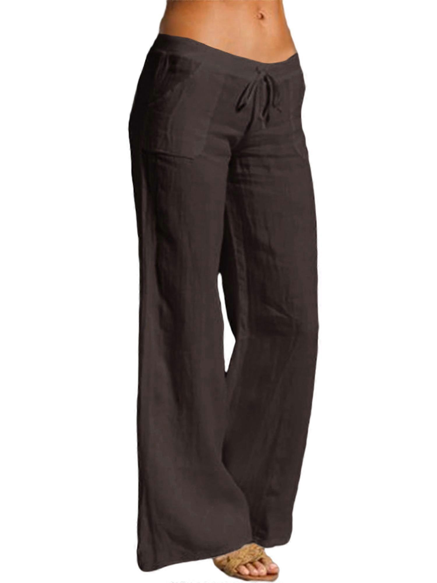 Sommar kvinnors elastiska midja byxor bomull linne vida ben byxor enfärgad casual andas