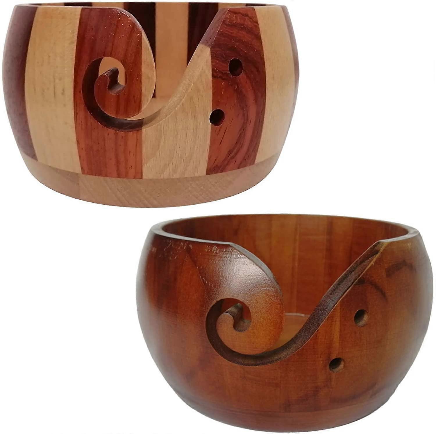 2 Pack Wooden Yarn Bowl,Wood Yarn Keeper Bowl for Knitting and Crochet Projects,Crochet Bowl Bamboo Knitting Wool Storage Round Rosewood Yarn Bowl wit