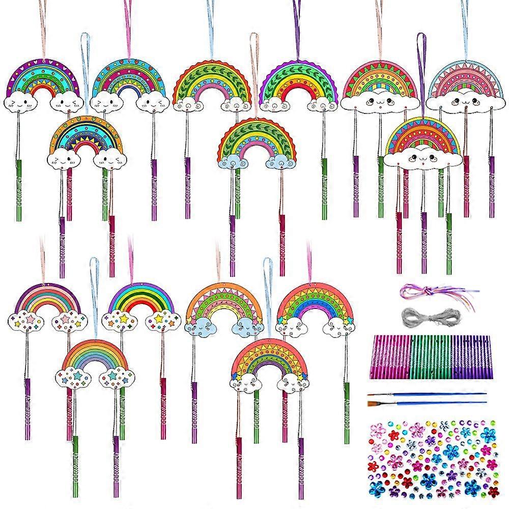 DIY Wood Wind Chime Making Kit Including 45Pcs Aluminum Tube Wind Chim 15Pcs Wood 13M Silver Wire 2Pcs Brush 1 Sheets Rhinestone Sticker 15Pcs Colore