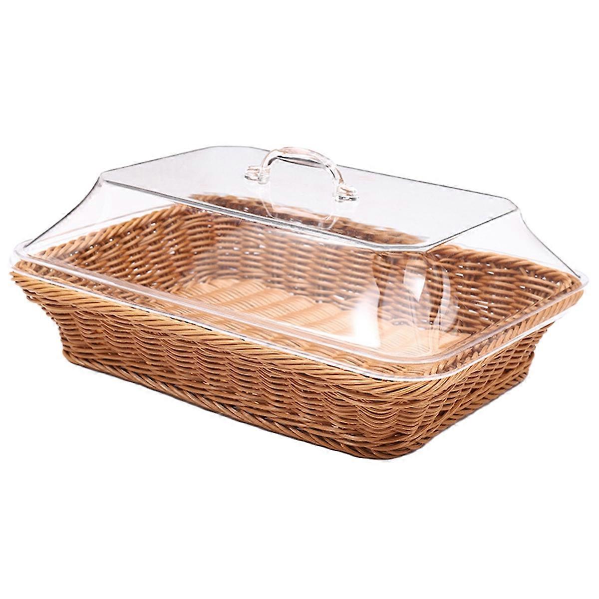 Woven Rattan Basket with Acrylic Lid - Polypropylene Food Serving Basket for Bread, Fruits, and More