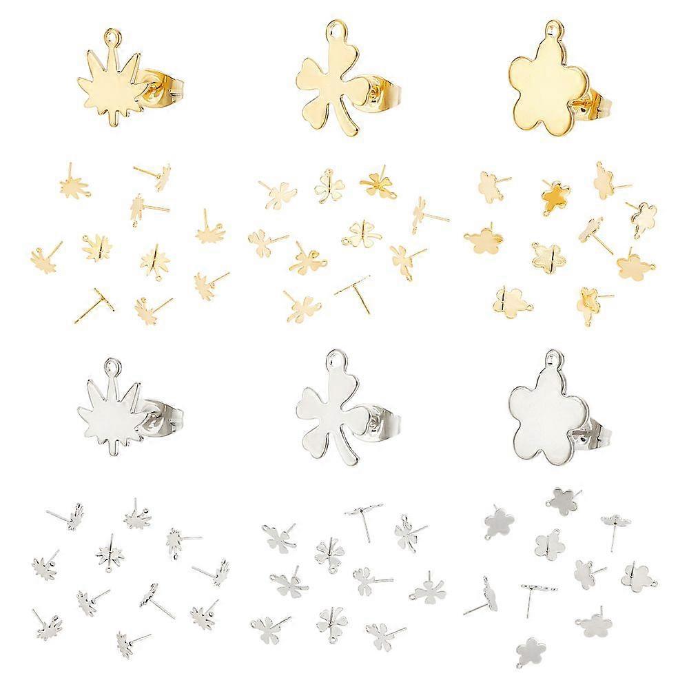 1Box 60Pcs 6 Styles Stud Posts with Loop Earring Stud with Hole Maple Stud Earring Findings Four Leaf Clover Stud Maple Stud Flower Stud Earring Makin
