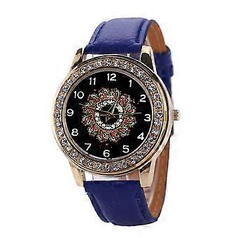 Mode PU Cuir Bande Quartz Montre Chiffre Grand Rond Cadran Strass Montre Femme (Bleu)