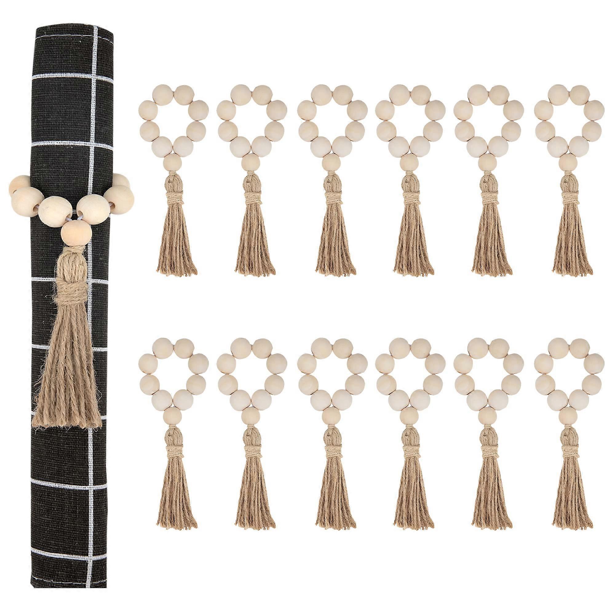 6-Piece Wooden Bead Napkin Rings with Elastic Tassel Holders for Rustic Farmhouse Table Decor