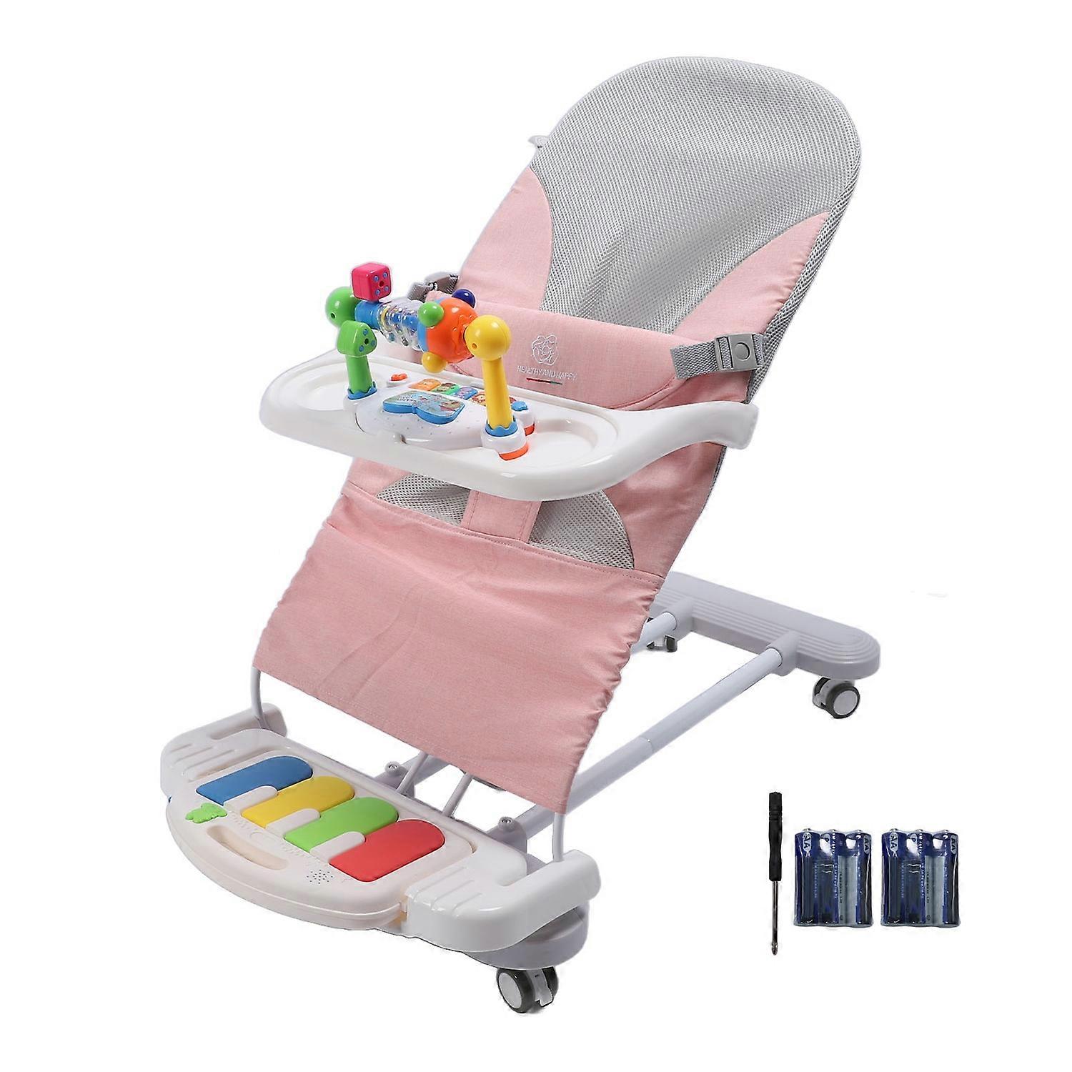 Baby Bouncer Chair Baby Rocking Chair Cradle with Toy Bar Rotatable Wheels Feeding Tray Pedal Piano