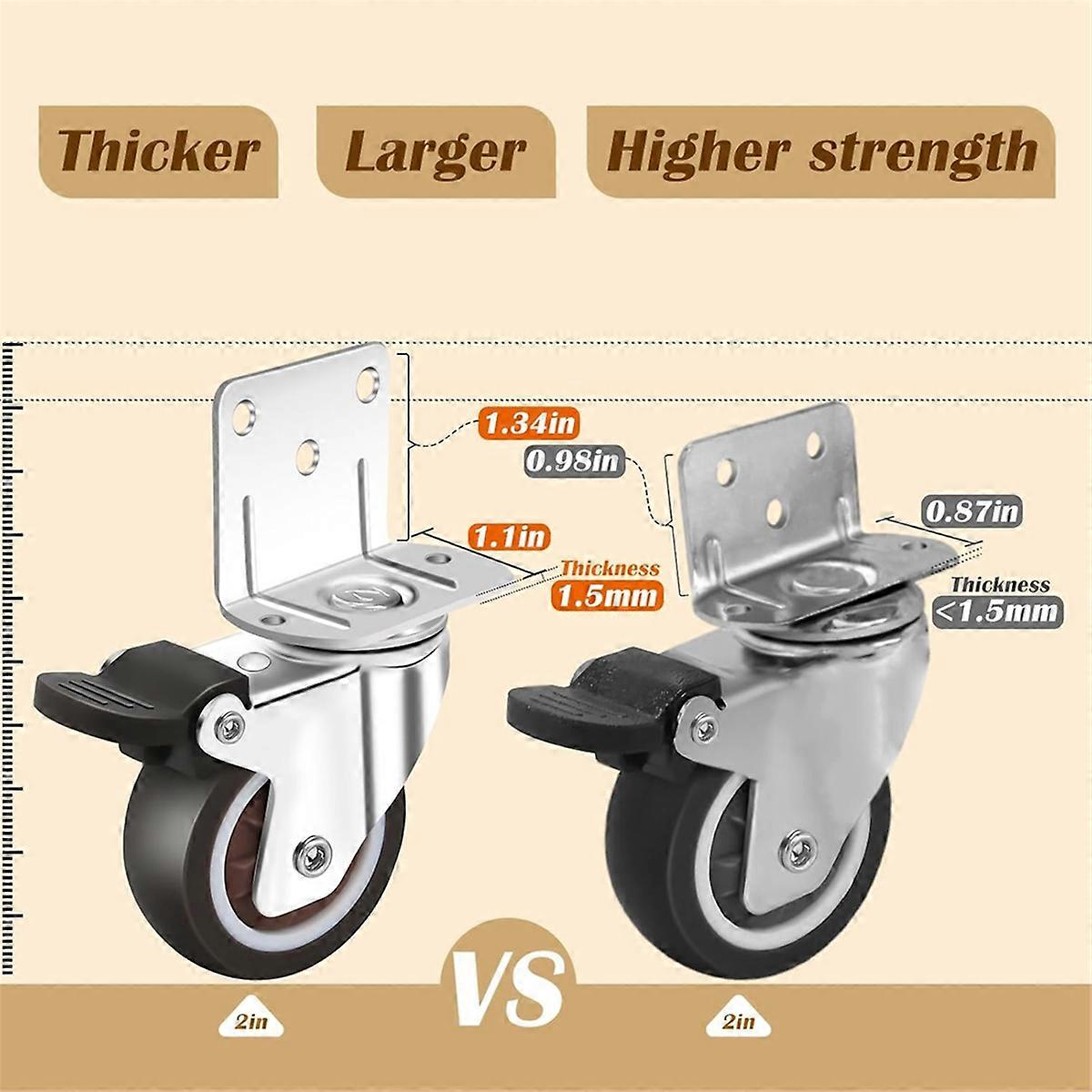 Sidemonterede hjul, hjul sæt med 4 med bremse, L-formet plade små hjul til møbler, kabinet støbt