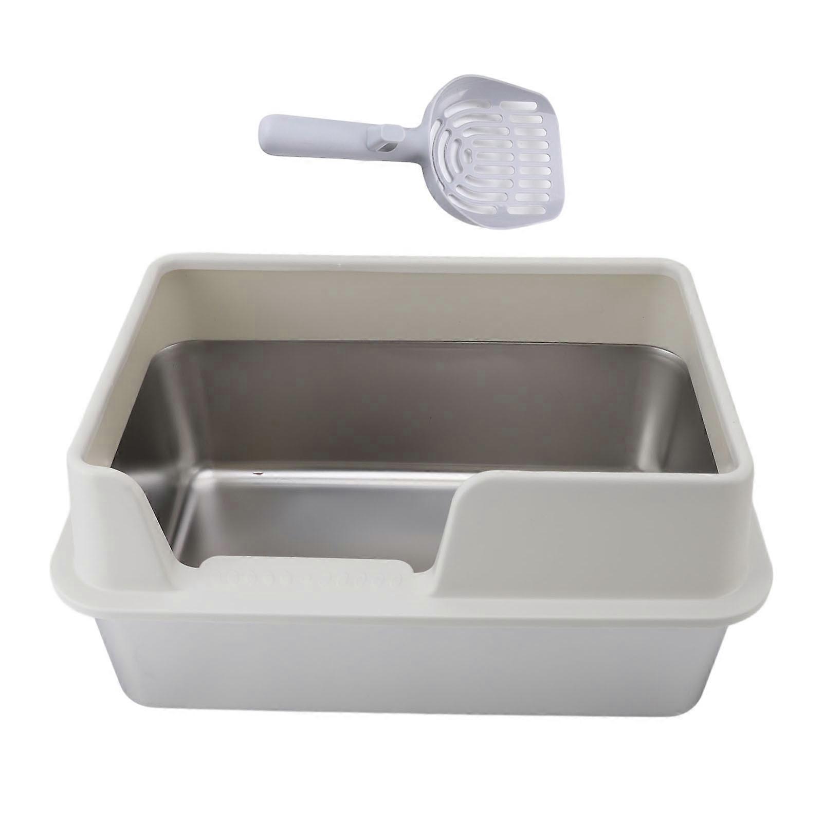 Stainless Steel Litter Box, Anti-Splash, Large Open Top High Sided Litter Box with Scoop, Large, White
