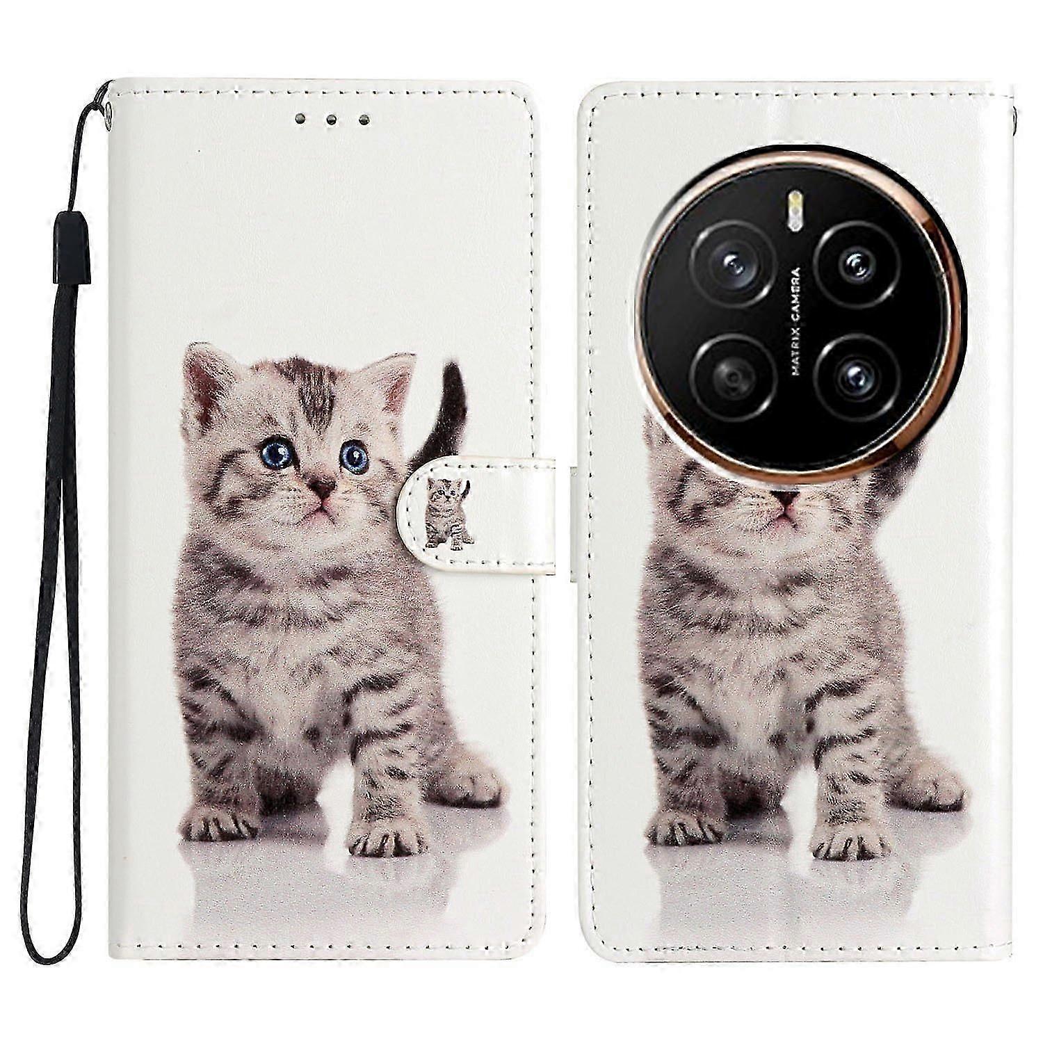 For Honor Magic7 5g Wallet Case Pu Leather Pattern Printing Stand Phone Cover With Strap - Cute Cat