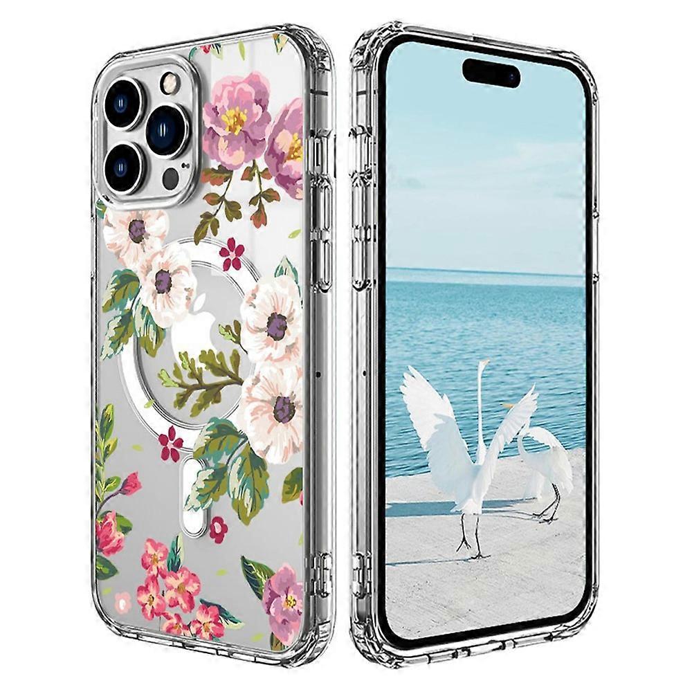 For iPhone 16 Pro Max Case Compatible with MagSafe Flower Pattern Printing TPU+PC Phone Cover