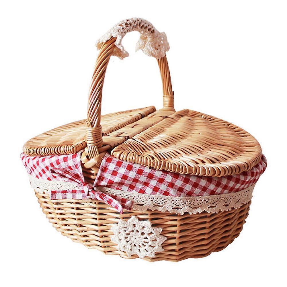 Wicker Picnic Basket with Lid and Handle Washable Linen for Picnic Hiking Camping
