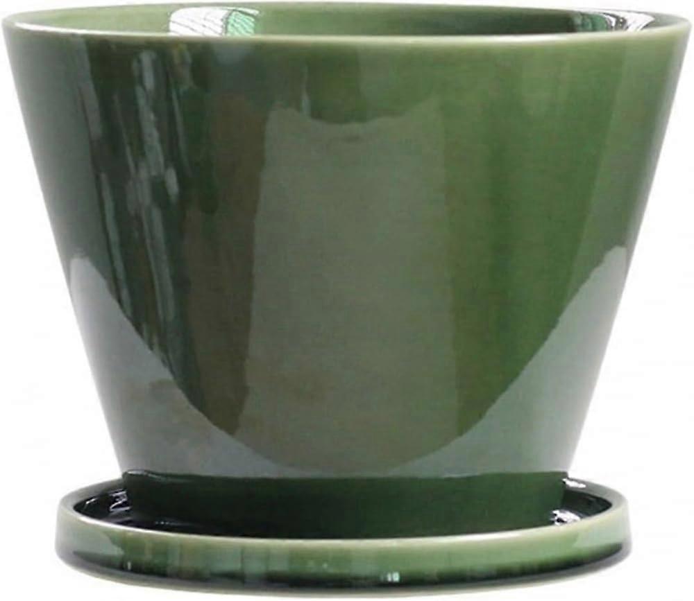 Ceramic Flower Pot, Round Green Planter With Tray, Ideal for Orchids, Cacti, Succulents, Simple Decorative Design