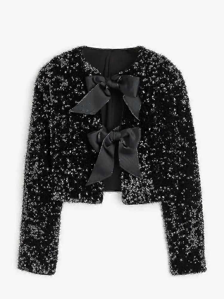 Moda Tatil Kravat Önü Payetli Ceket Kadınlar Için Y2k Parlak Şık Kırpılmış Ceket Kadın Zarif Uzun Kollu Bayan Parti Dış Giyim