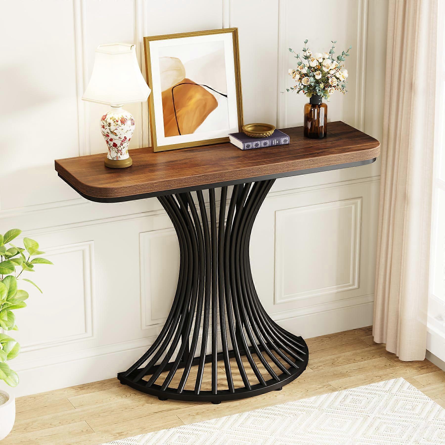 Tribesigns Console Table, Industrial Entry Table with Geometric Metal Base, 100cm Small Hallway Table for Entrance, Living Room, Hallway, Rustic Brown
