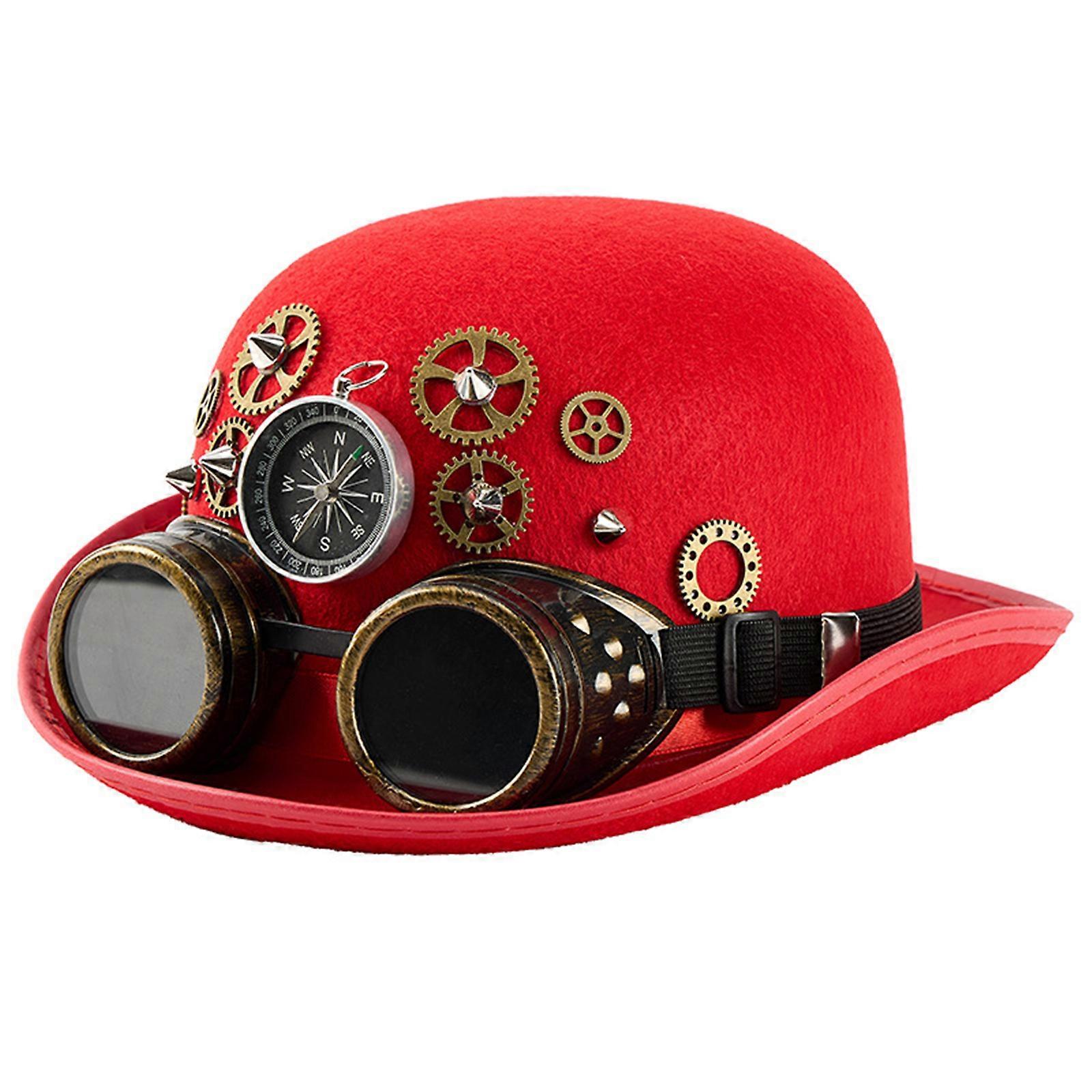 Steampunk Top Hat Halloween Costume Hat With Rivet Structure and Reovable Goggles And Compasses Stage Performances Red