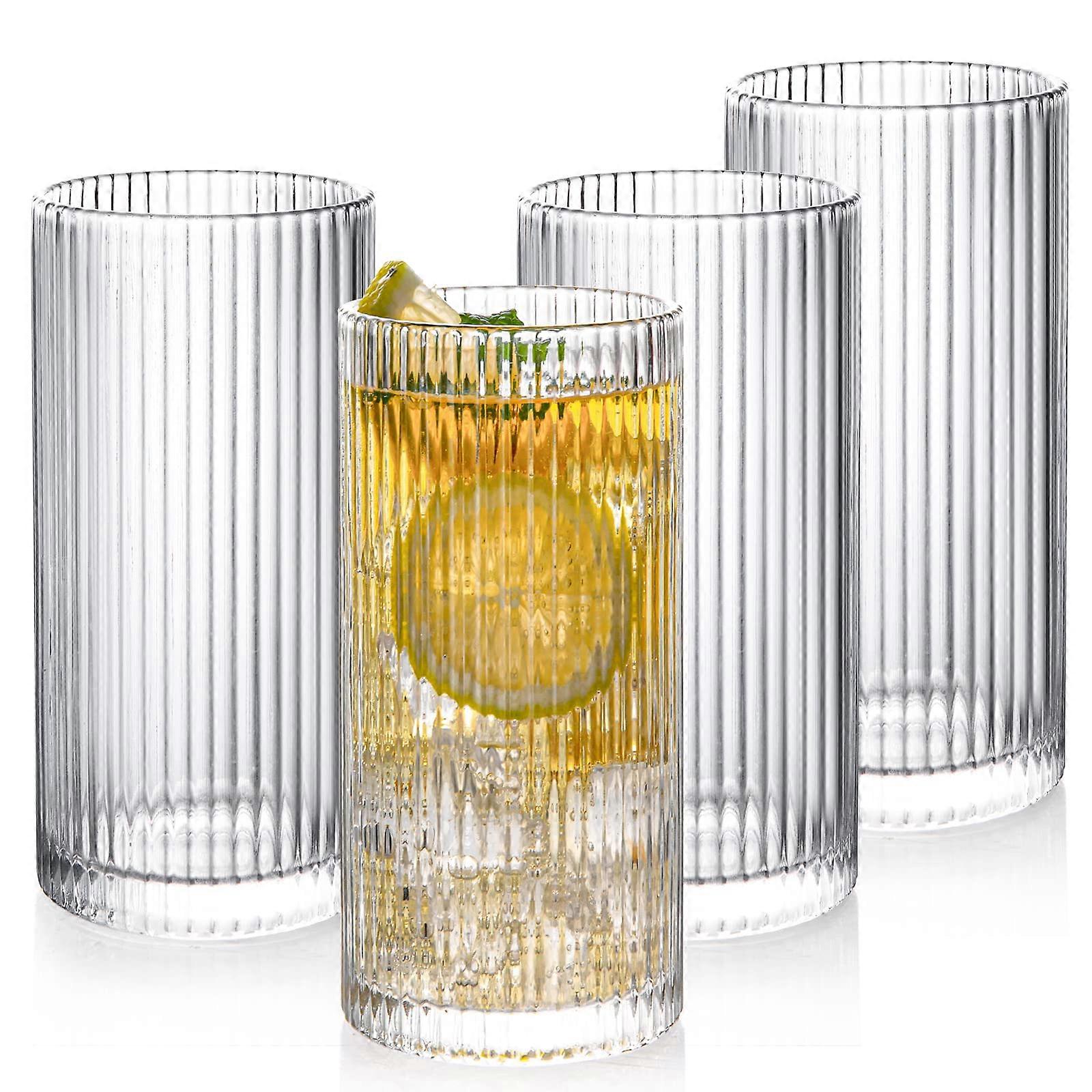 Premium Drinking Glasses Set of 4, 360 ml Origami Style Ribbed Long Drink Glasses for Iced Coffee, Beer, and Juice