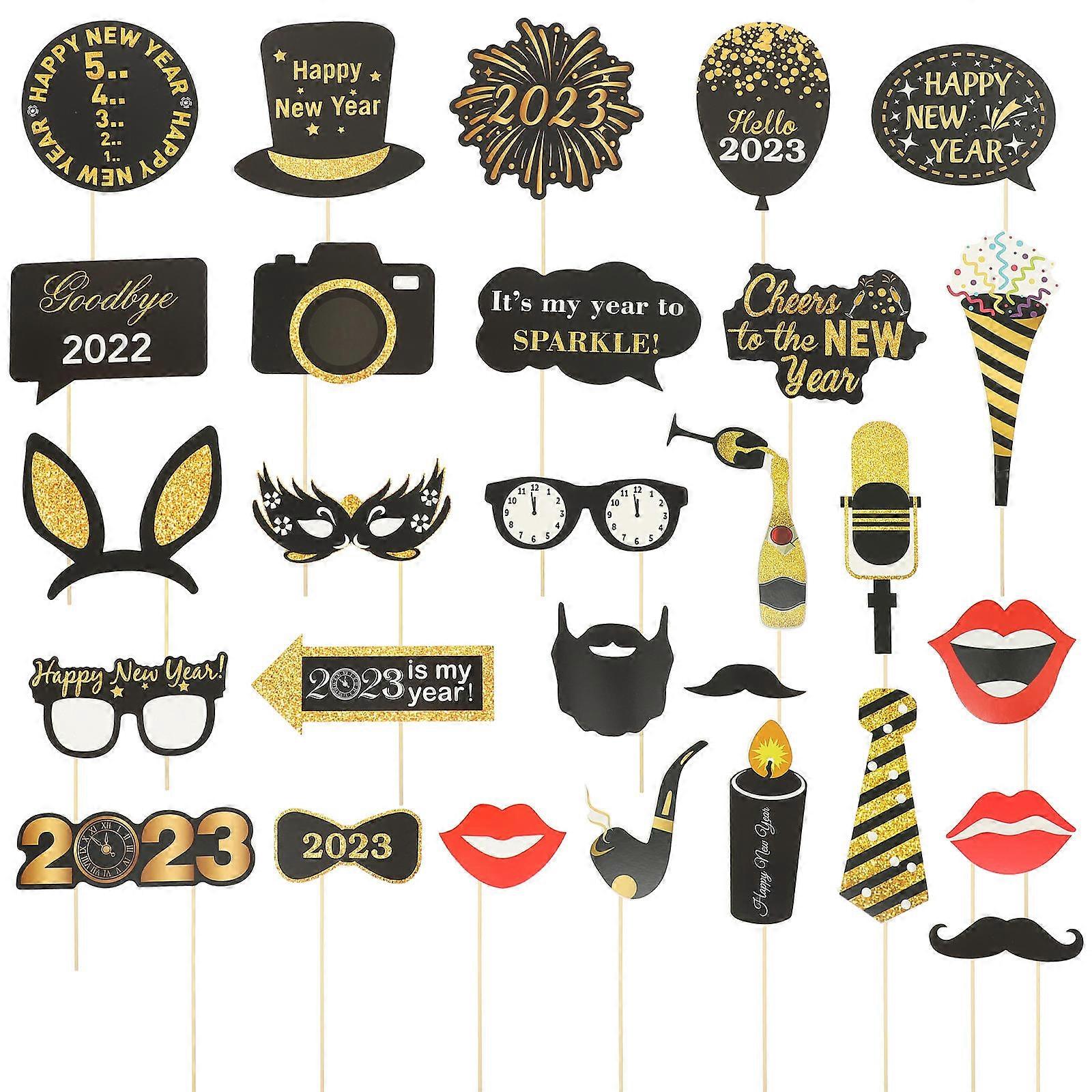New Year Photo Prop Handheld Holding Photo Accessories Party Decoration Assorted Color Various Shapes 28Pcs