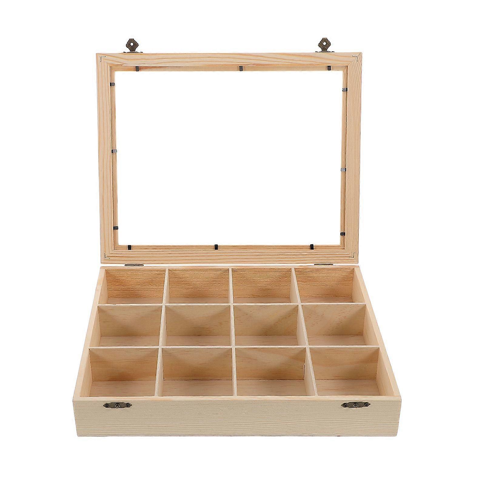 Wooden Rock Collection Organizer with Clear Lid for Mineral Specimens Display Rock Collectibles and Crystal Storage 12-grid Case