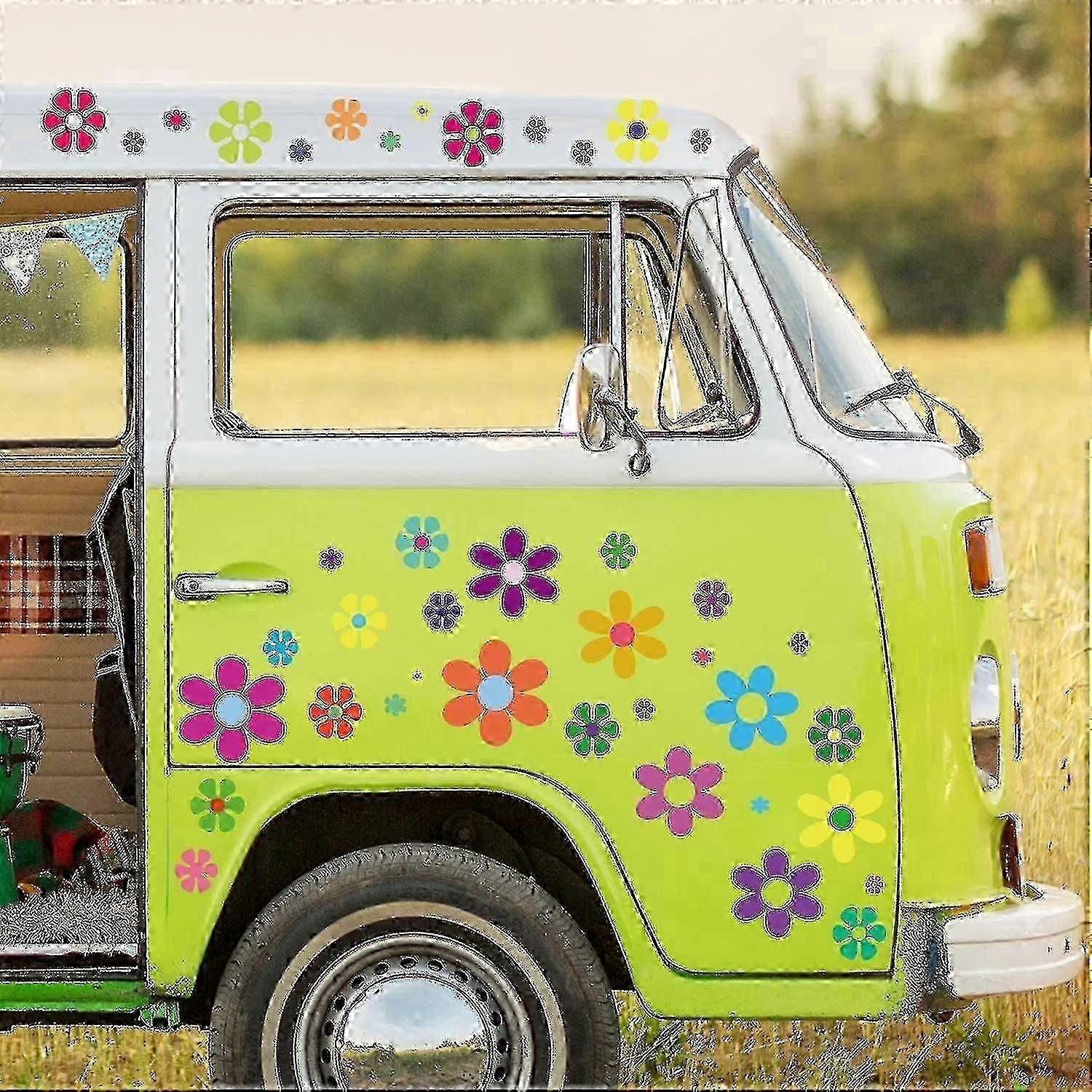 96 pièces voiture fleurs autocollants 60 \ 's hippie thème fête autocollants multicolore marguerite autocollants vinyle rétro fleurs décalcomanies coloré hippie fleur
