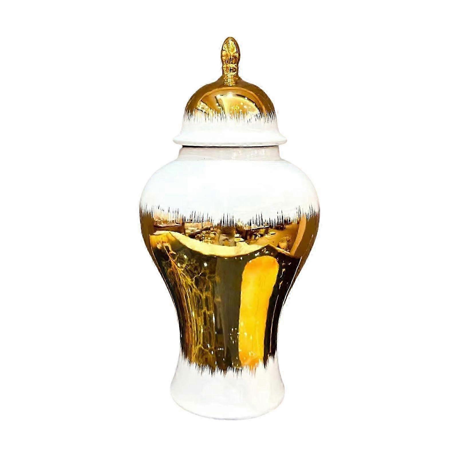 White and Golden Porcelain Vase Temple Jar for Entryway Tables Decor Elegant M