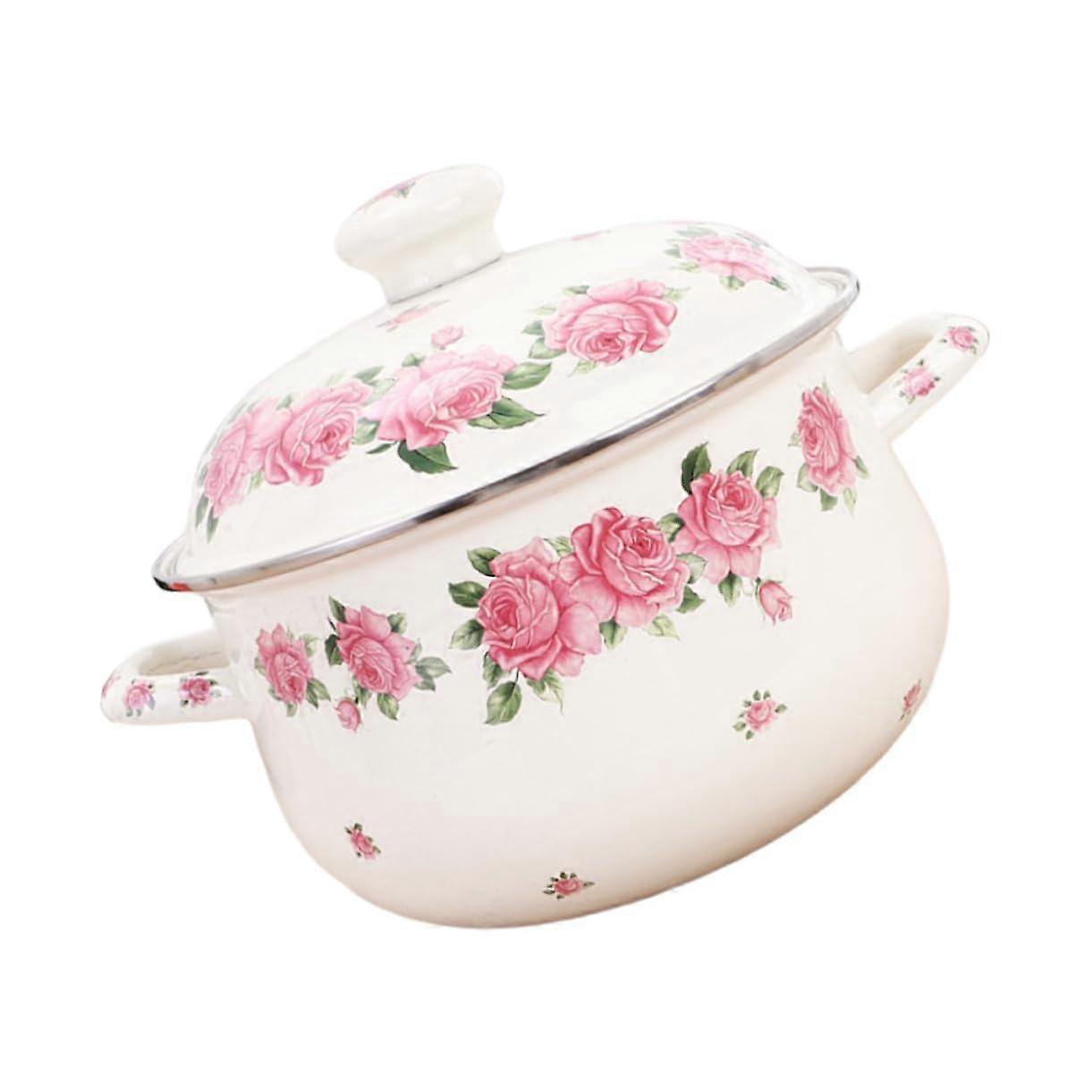 Enameled soup pot with flat bottom, rosecolored double handle, safe and userfriendly.