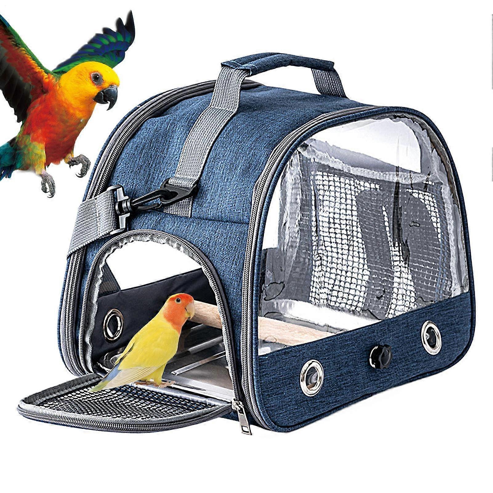 Backpack for Birds Wooden Rod Transport Container, Breathable Cage, Stainless Tray Bird Carrier for Car Travel Navy